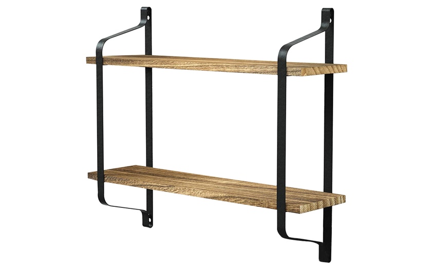 Image 3: 2-Tier Pine Wood Floating Wall Shelves with Industrial Design