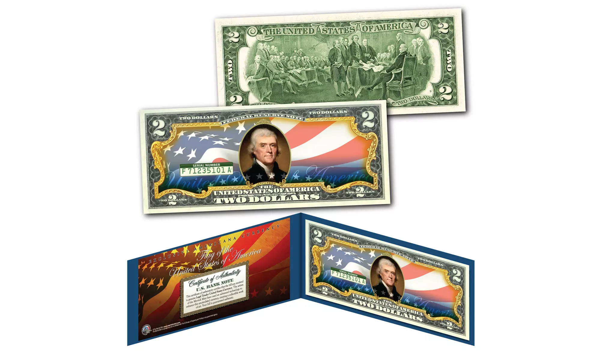 United States of America Flag NEW Design Genuine Legal Tender 2 Dollar Bill - Primary Image