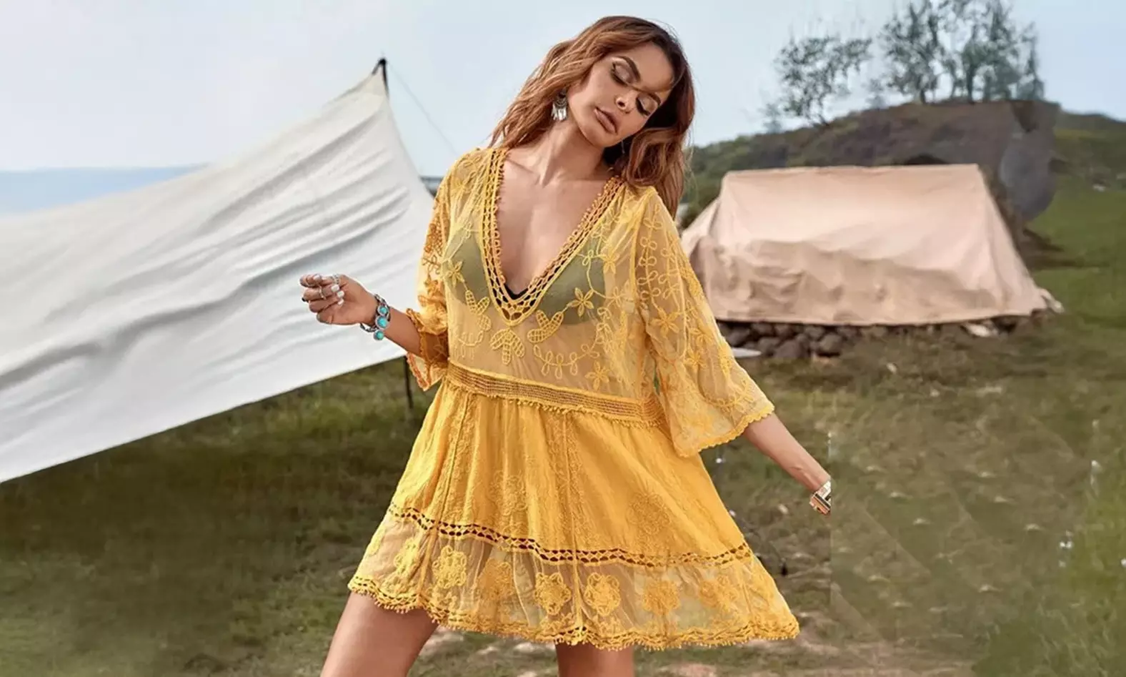 Boho-Style Lace Cover-Up Beach Dress