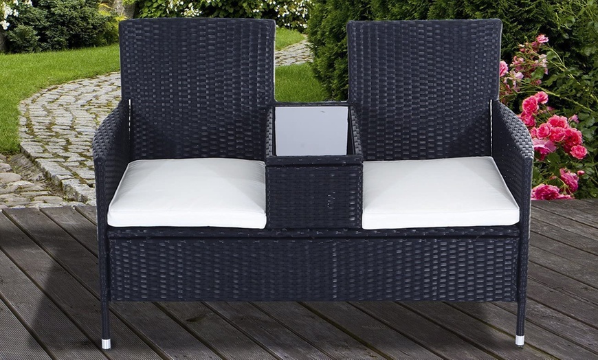 Image 4: Outsunny Two-Seater Rattan-Effect Chair with Integrated Table, Black