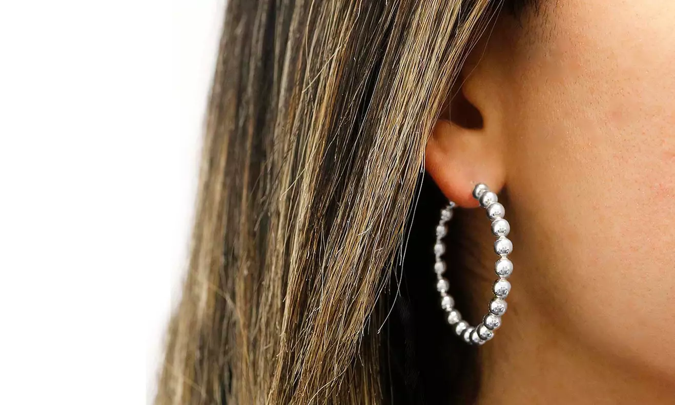 Italian Solid Sterling Silver 30MM Beaded Hoop Earrings