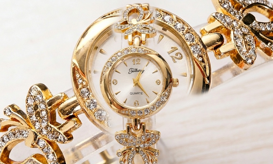 Image 4: Gold Tone Watch and Jewellery Gift Set with Necklace Earrings and Ring