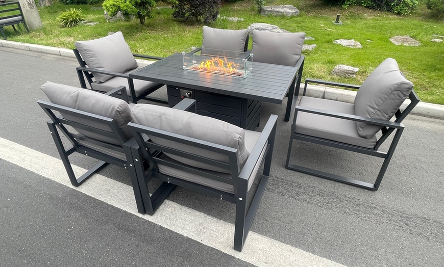 Image 2: 6-Seater Aluminum Firepit Dining Set