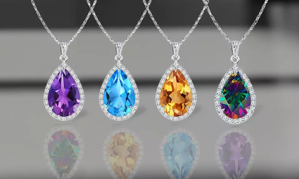 Sterling Silver Genuine Gemstone 4.00CT Pear Cut Necklace 4 Options