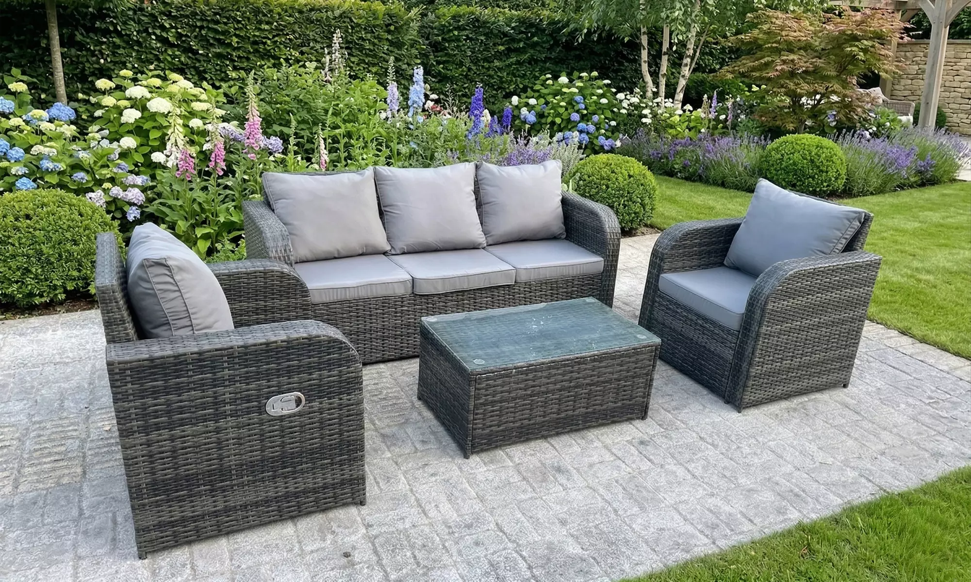 Rattan Sofa Set with Reclining High-Back Armchairs and Coffee Table