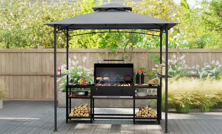 Image 1: Outdoor BBQ Pavilion Gazebo - Steel Frame with Double Roof & Side Shelves