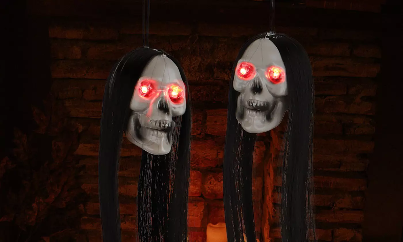 20" Halloween Hanging Ghost LED Glowing Eyes Halloween Prop Skull Scray Hair - Primary Image