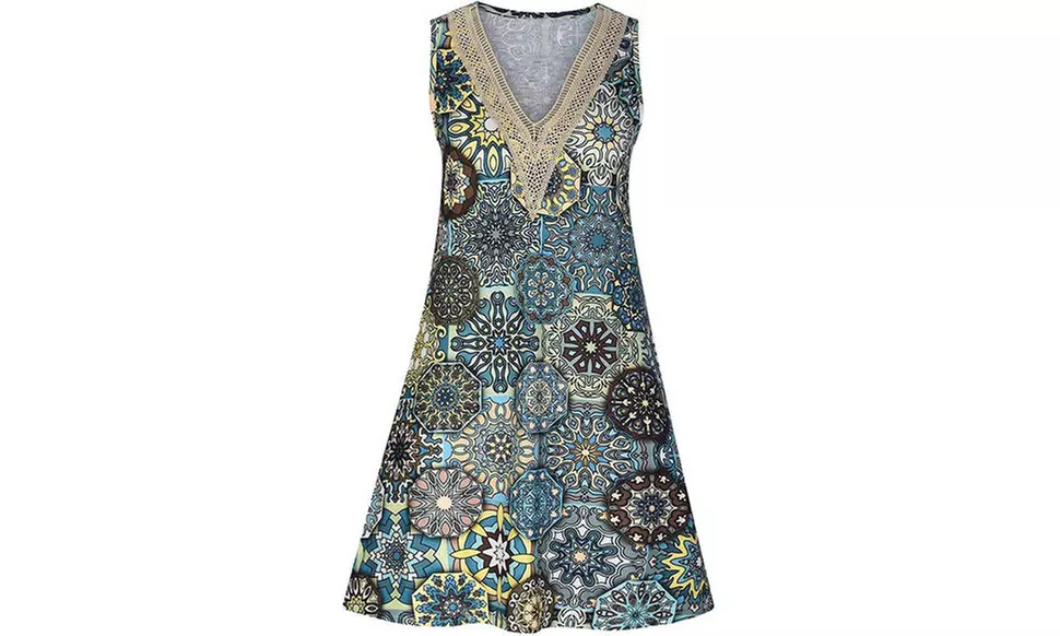 Women Lace Trim V Neck Sleeveless Dress with Pockets S-2X