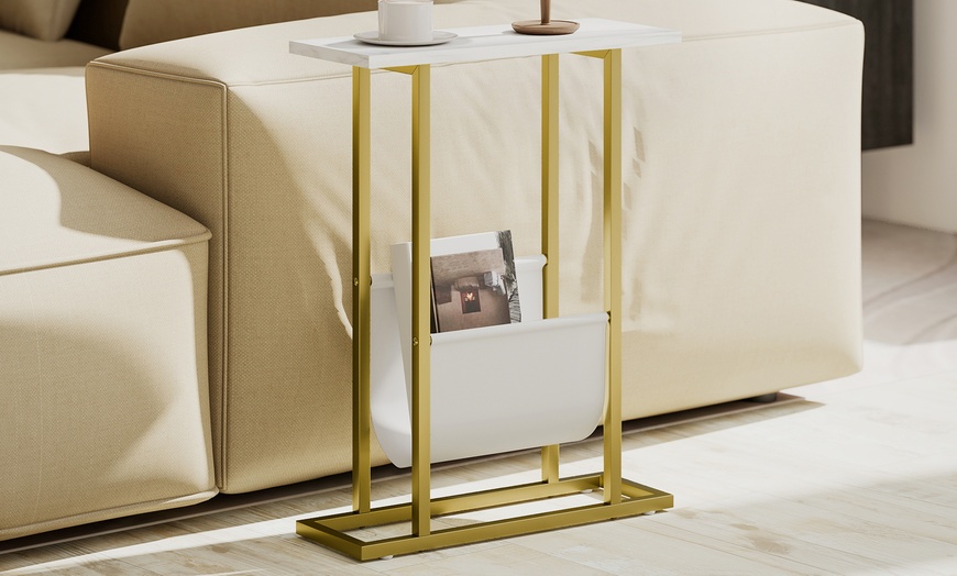 Image 1: HomCom Narrow Side Table, Chic White Marble-Effect Design