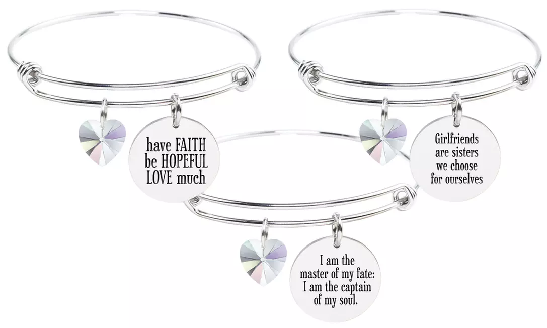 Pink Box Stainless Steel Bangle with Heart Shaped AB Swarovski Crystal - Primary Image