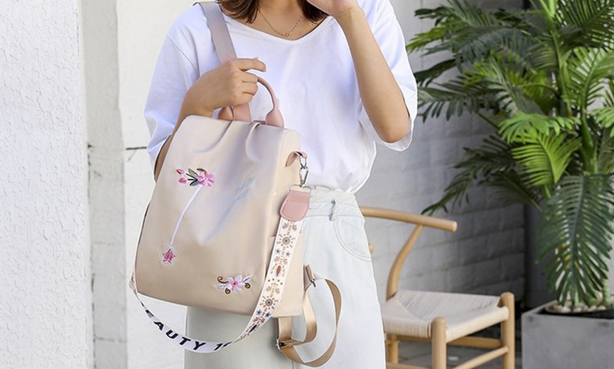 Image 7: Women's Floral Embroidered Anti-Theft Backpack