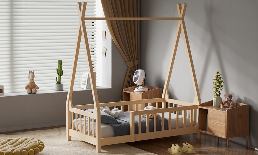Image 1: Pine Wood Tent-Shaped Kids Bed Frame with Low Base and Safety Fence