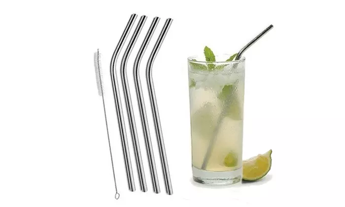 Stainless Steel Drinking Straws, Bent or Straight, With Brush (4 or 8-pack)