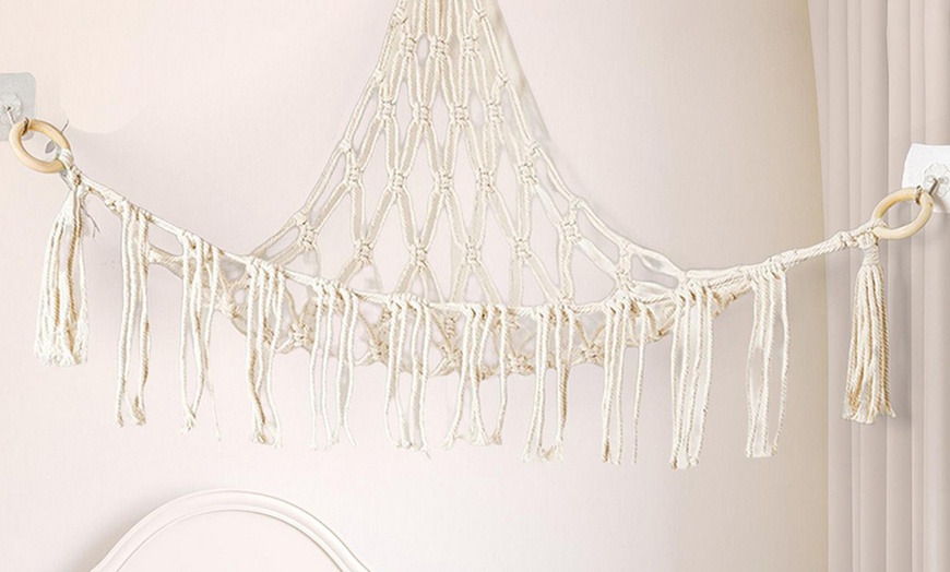 Image 3: Tassels Boho Plush Toy Hammock with String Light