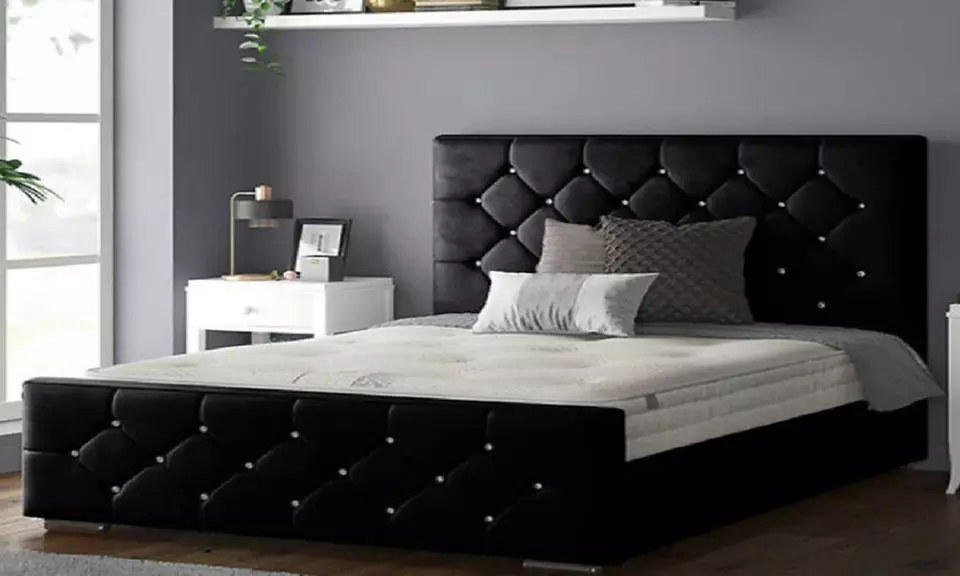 Oasis Diamante or Button Plush Bed Frame with Sprung Memory Foam Mattress