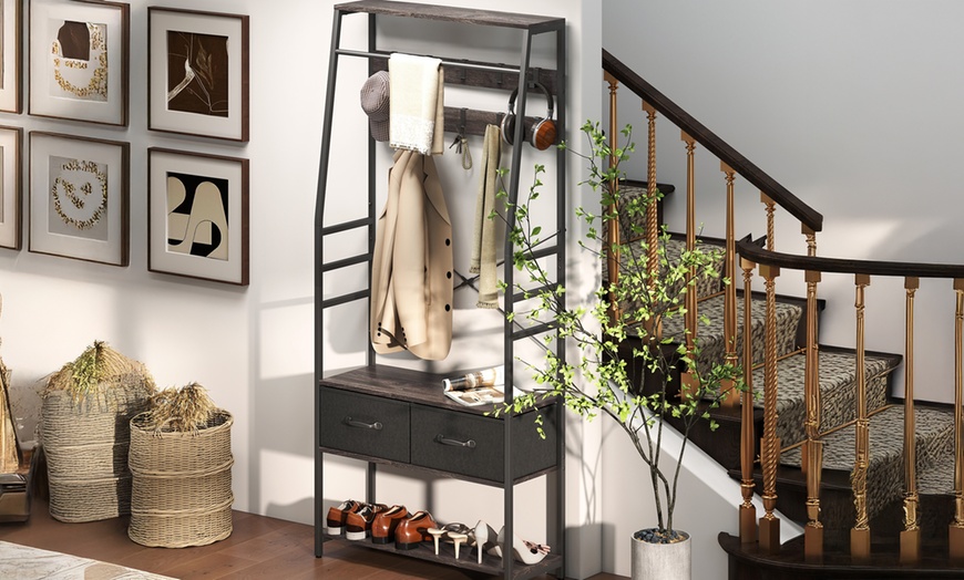 Image 5: HomCom Coat Rack with Shoe Storage Bench and Hooks