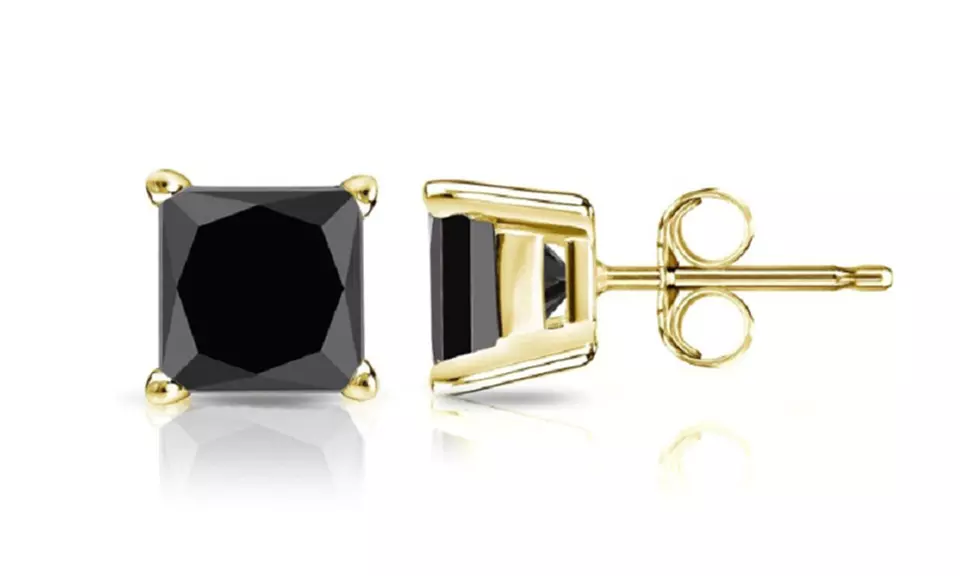 24k Yellow Gold Plated 2 Cttw Black Sapphire Princess Cut Stud Earrings - Primary Image