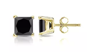 24k Yellow Gold Plated 2 Cttw Black Sapphire Princess Cut Stud Earrings