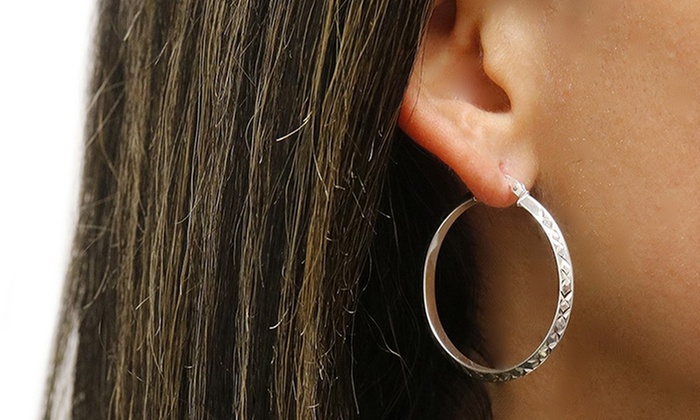 Sterling Silver Diamond Cut Etched Hoop Earrings 20mm-35mm Options