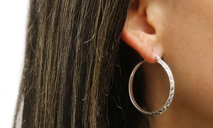 Sterling Silver Diamond Cut Etched Hoop Earrings 20mm-35mm Options