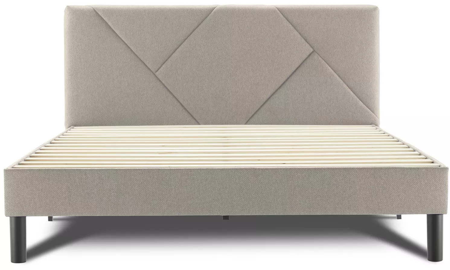 Letto imbottito in tessuto con doghe in legno e vano contenitore