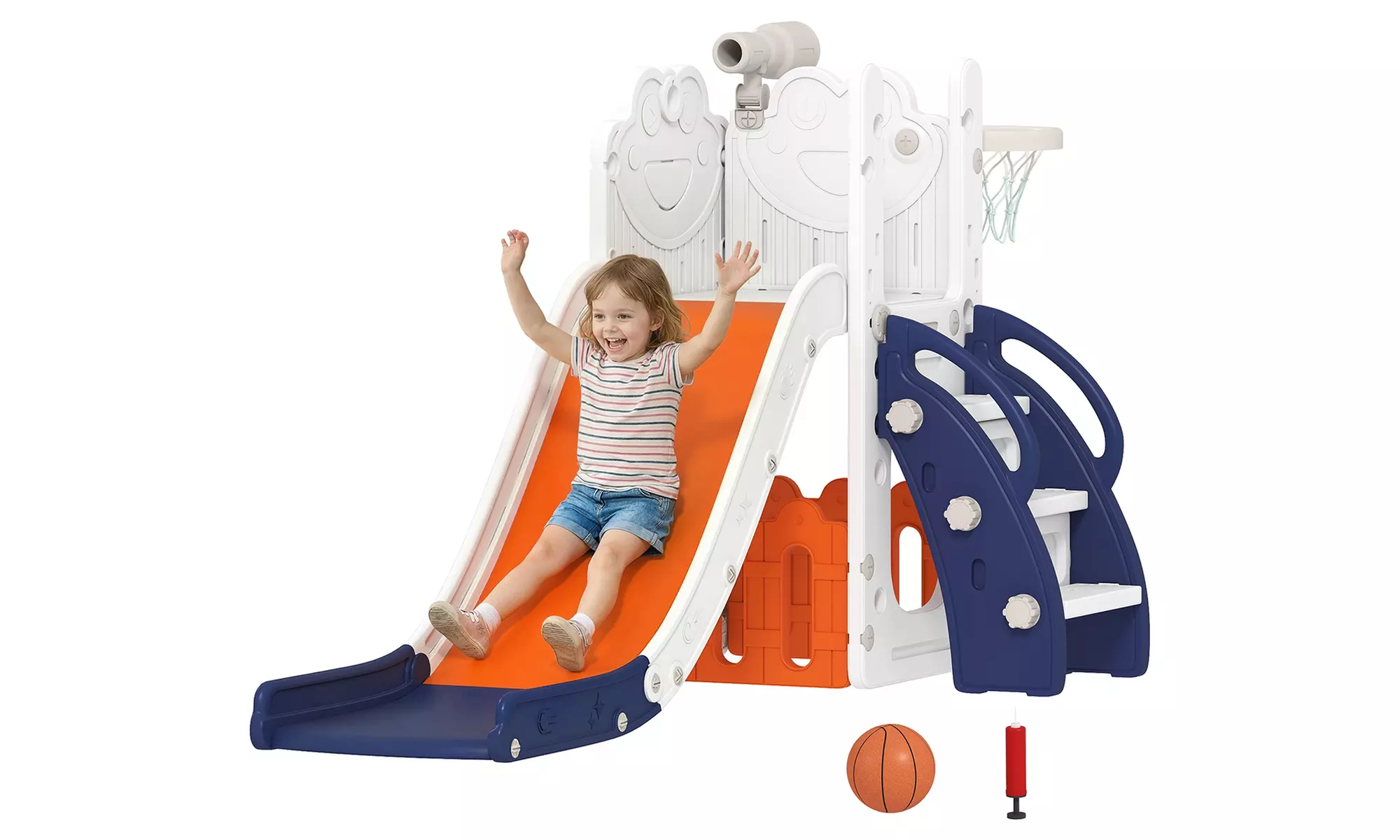 AIYAPLAY 5-in-1 Kids Slide Set with Telescope & Basketball Hoop