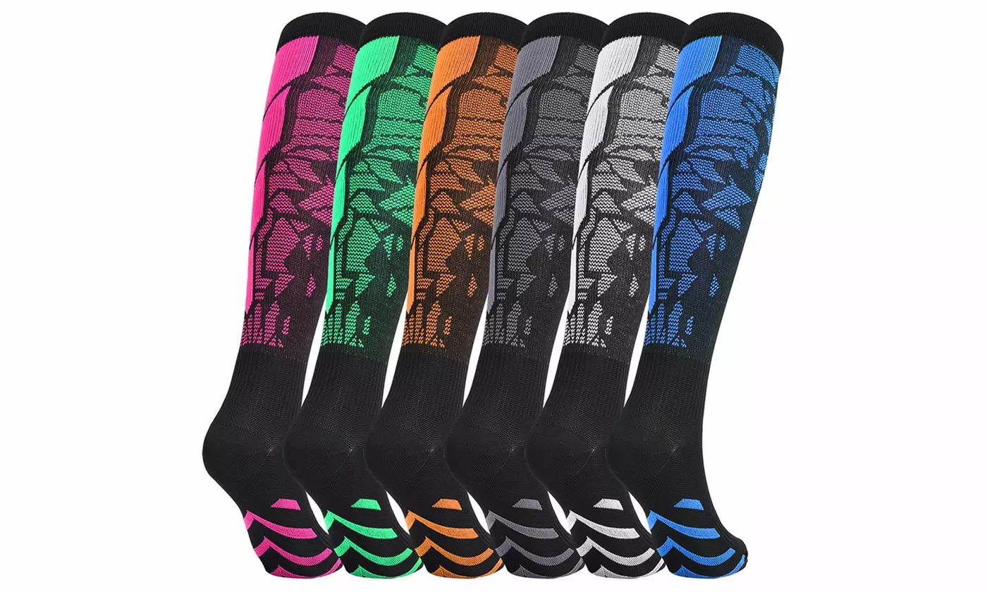 6 Pairs Knee-High Graduated Compression Socks 15-20 mmHg for Nurses Running