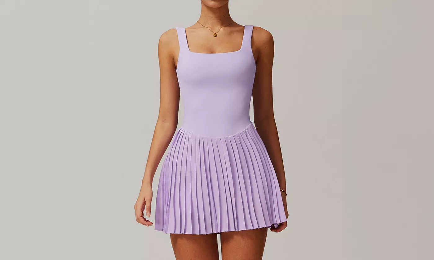 Women Tennis Dress with Built in Shorts and Bra Pleated Seamless Athletic Dress