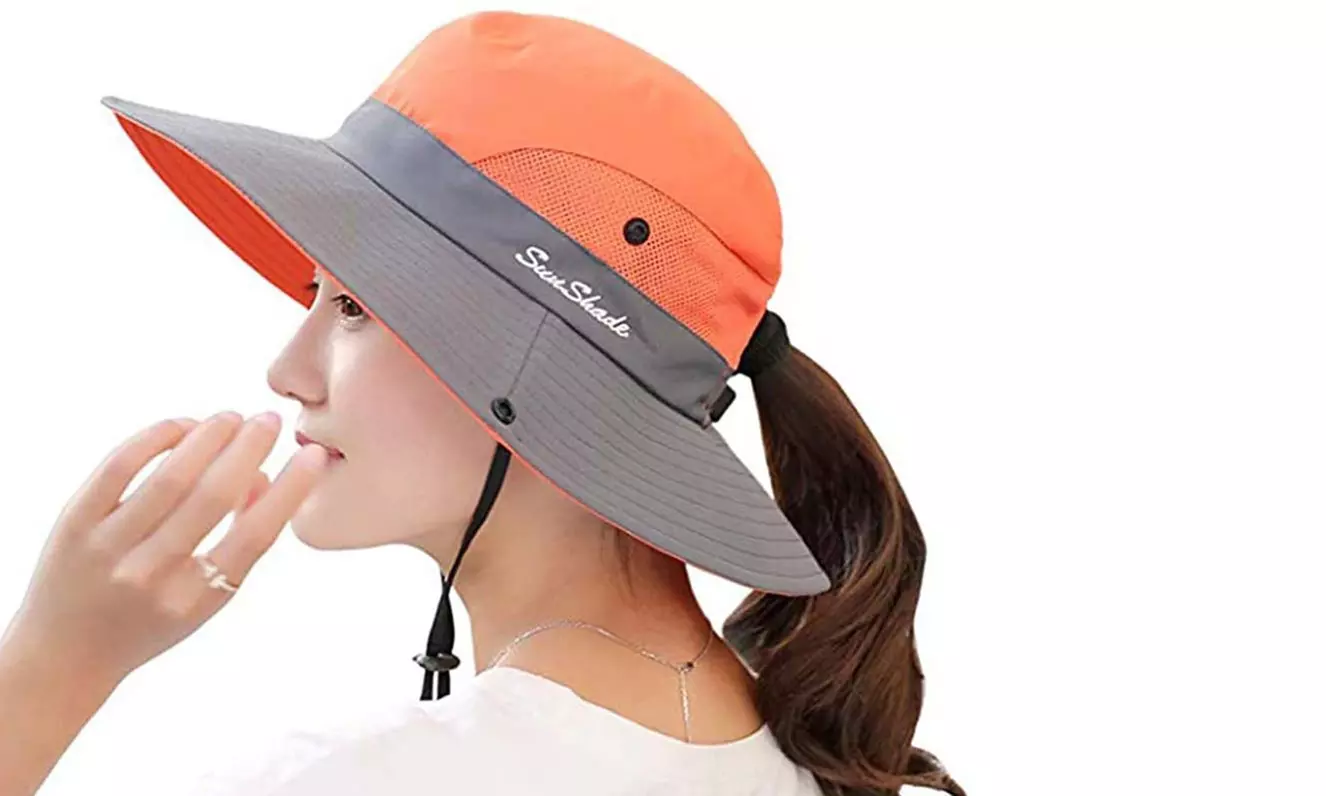Womens UV Protection Hat Foldable Wide Brim Ponytail Sun Hats