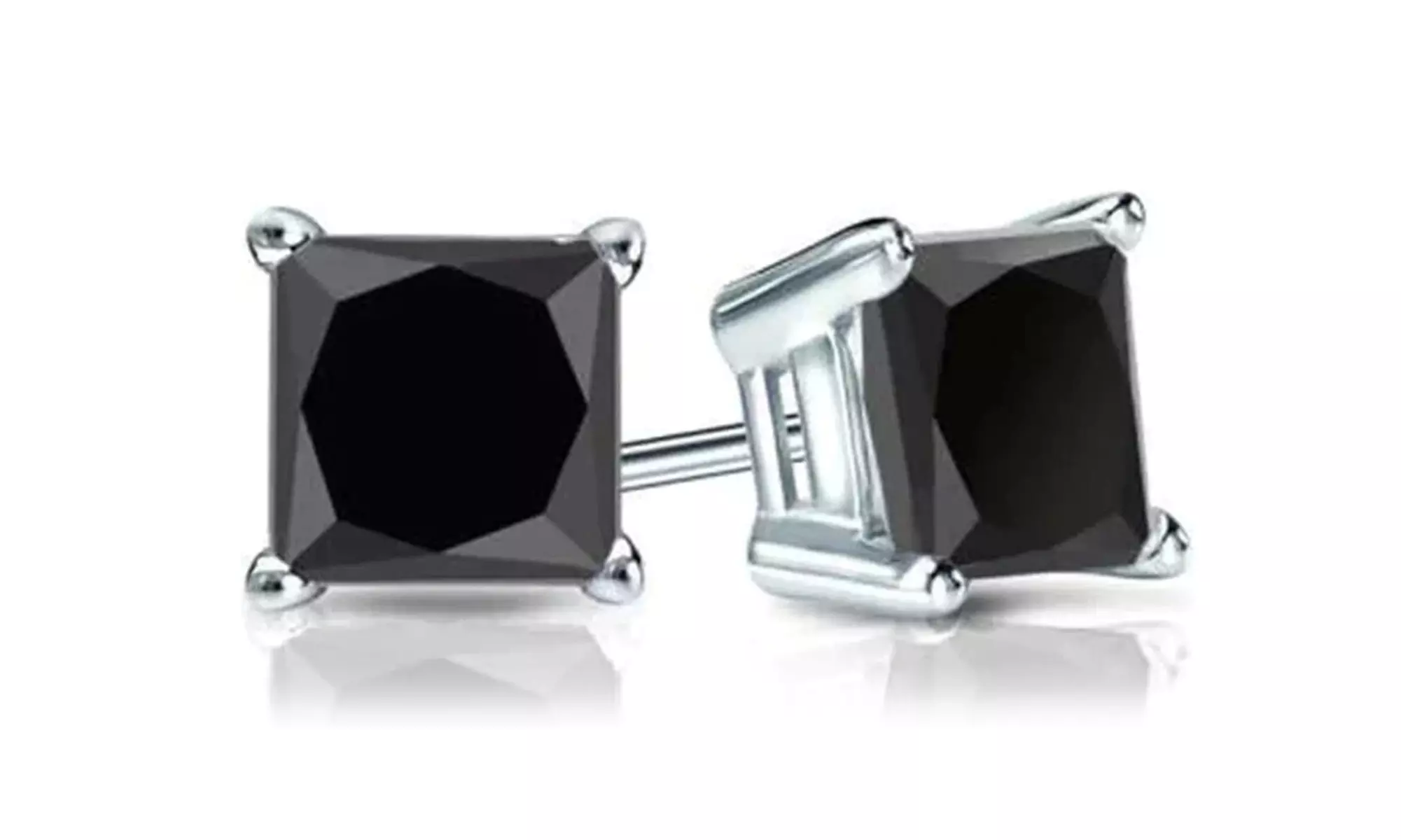 24k White Gold-Plated 2 Ctt Black Sapphire Princess Cut Stud Earrings