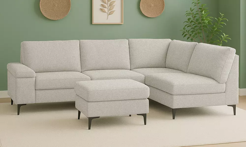 Canapé d'angle 4/5 places en tissu chenille avec pouf