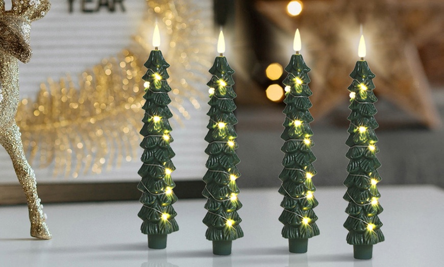 Image 3: 4-Pack of Christmas Tree Flameless Taper Candles with Remote Timer