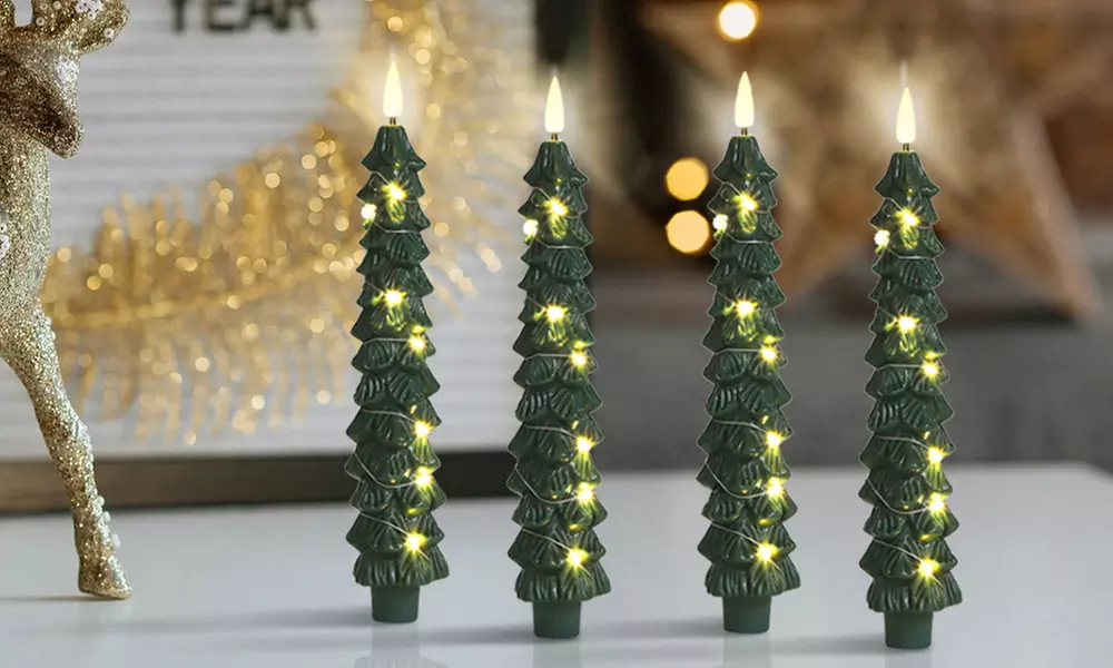 4-Pack of Christmas Tree Flameless Taper Candles with Remote Timer