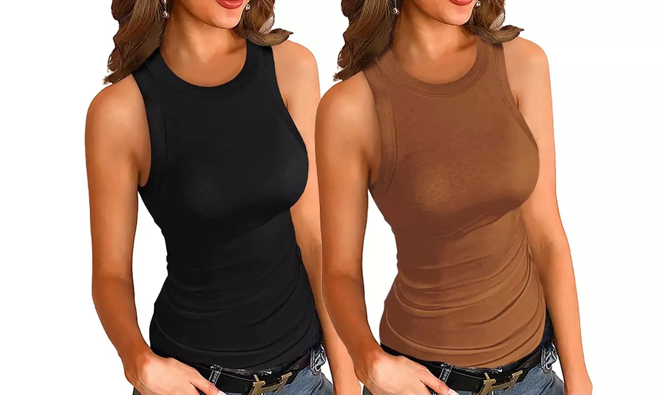 2Pack Women Sleeveless Basic Slim Knit Ribbed Tank Tops
