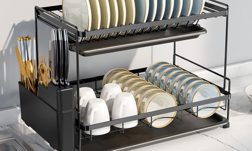 Image 6: Black 2-Tier Dish Drying Rack with Drain Trays and Utensil Holder