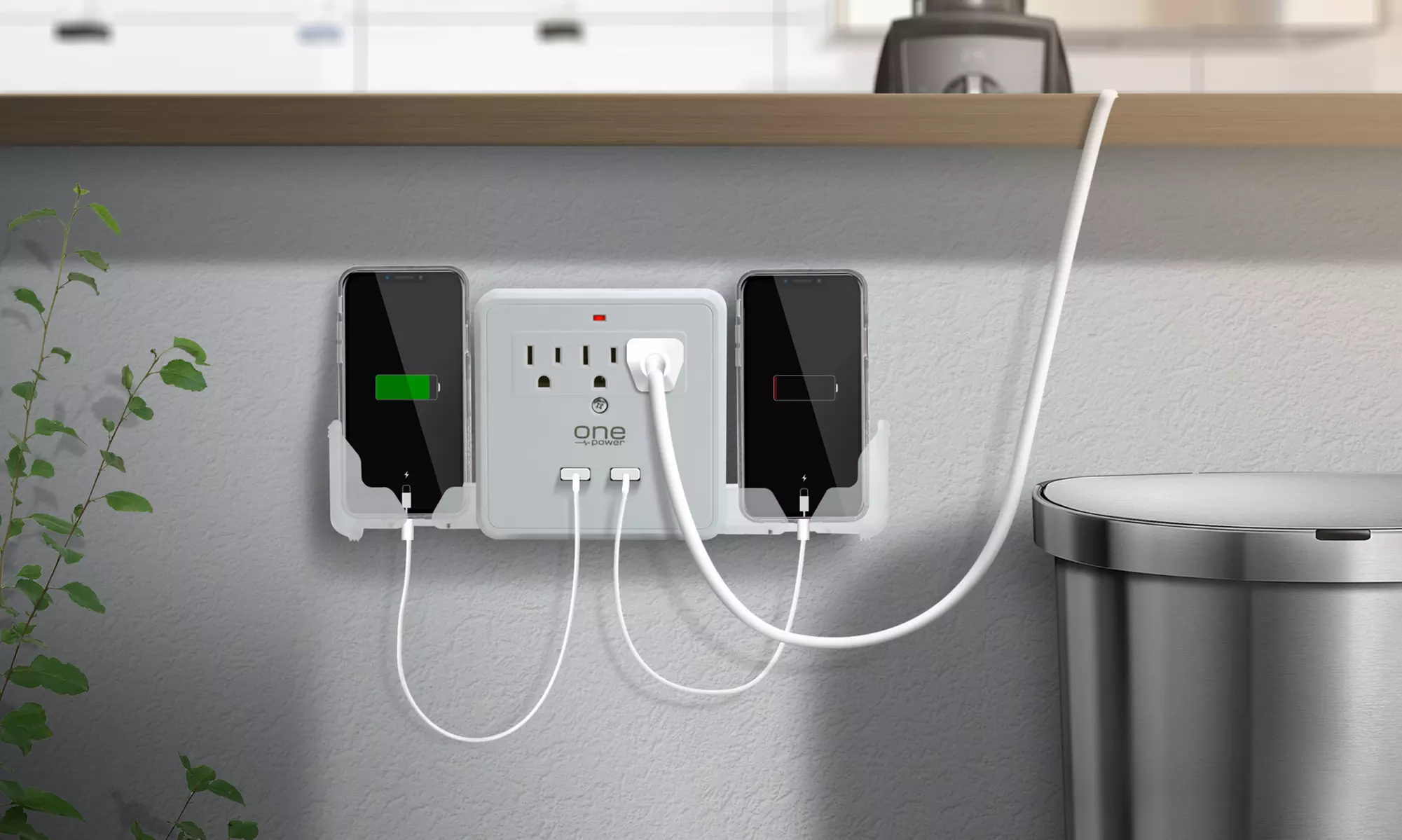Dual USB Wall Tap Surge Protector with 2 Slide-Out Device Cradles and 3 Outlets - Primary Image