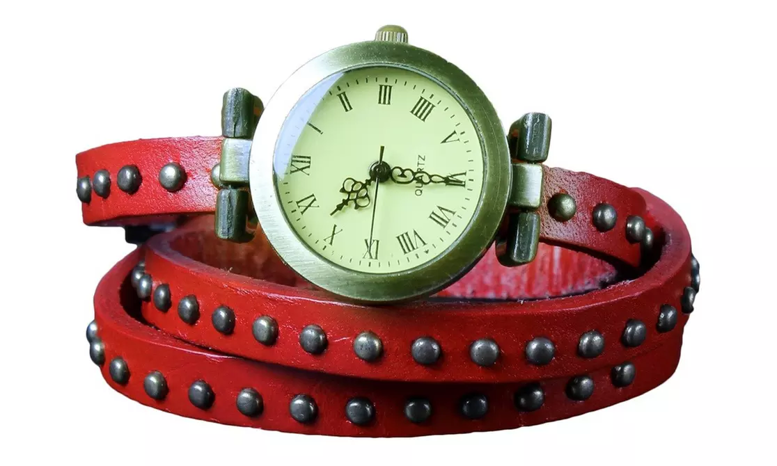 Retro Rivet Vegan Leather Wrap-Around Cuff Watch