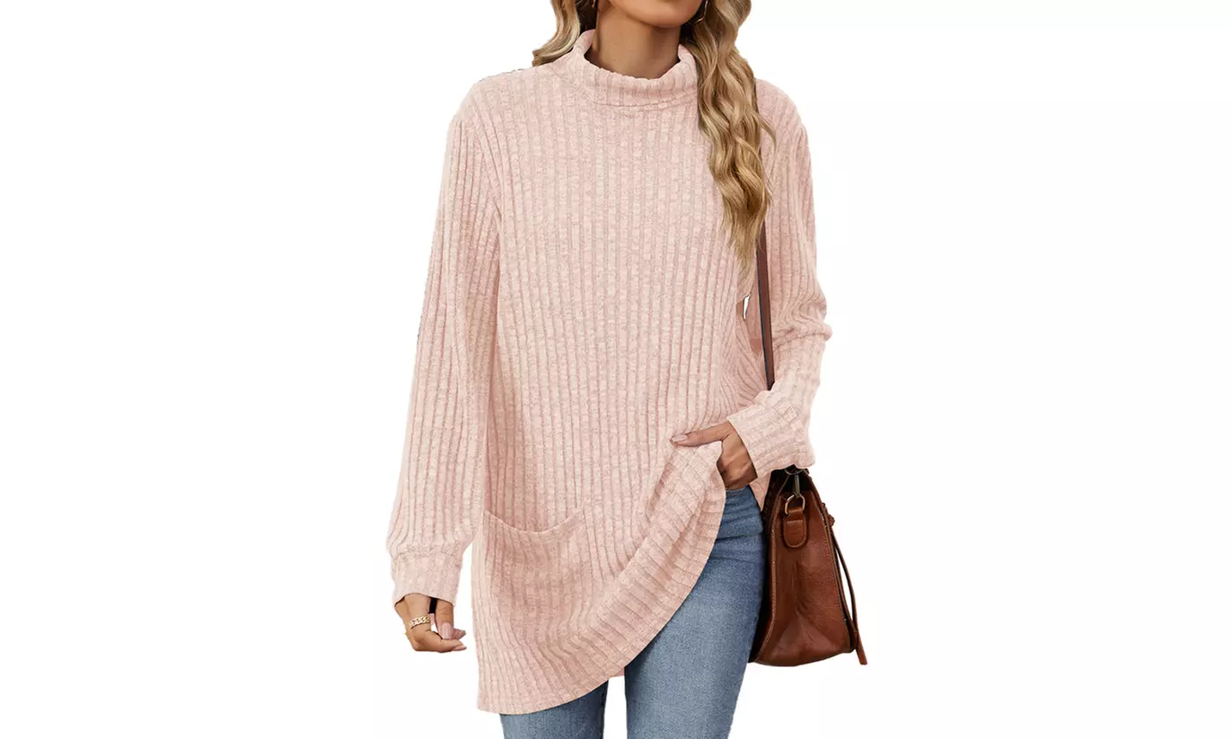 Womens Lightweight Turtleneck Long Sleeve Knit Tunic Top with Pockets