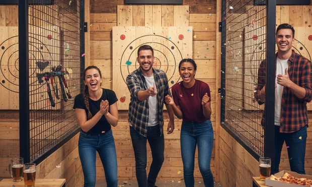 A person throwing an axe at a wooden target in an indoor arena.