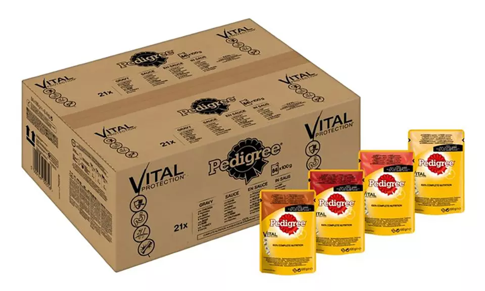 Pedigree 4x 12er- oder 84er-Set Nassfutter im Beutel für ausgewachsene Hunde oder Welpen in Soße oder Gelee - Primary Image