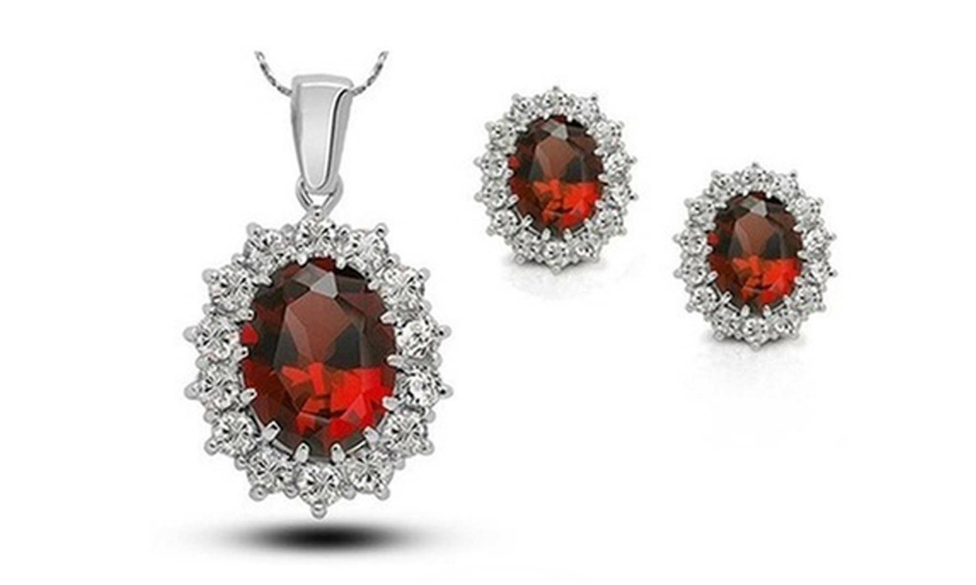 18k White Gold Plated 2 Ct Oval Shape Garnet 18 Inch Necklace And Earrings Set