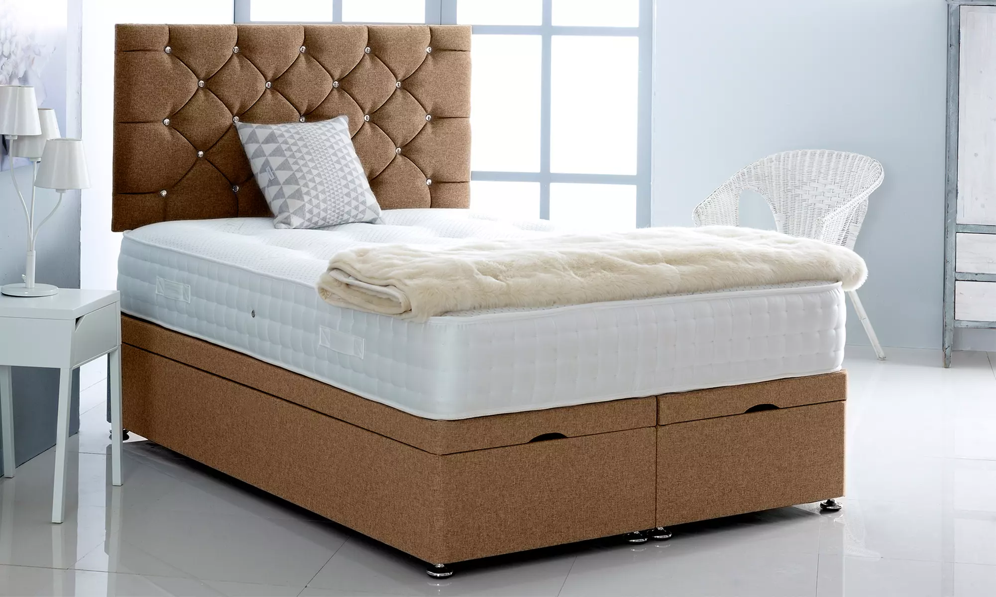 Linen Ottoman Divan Bed with Mattress and Chesterfield Headboard