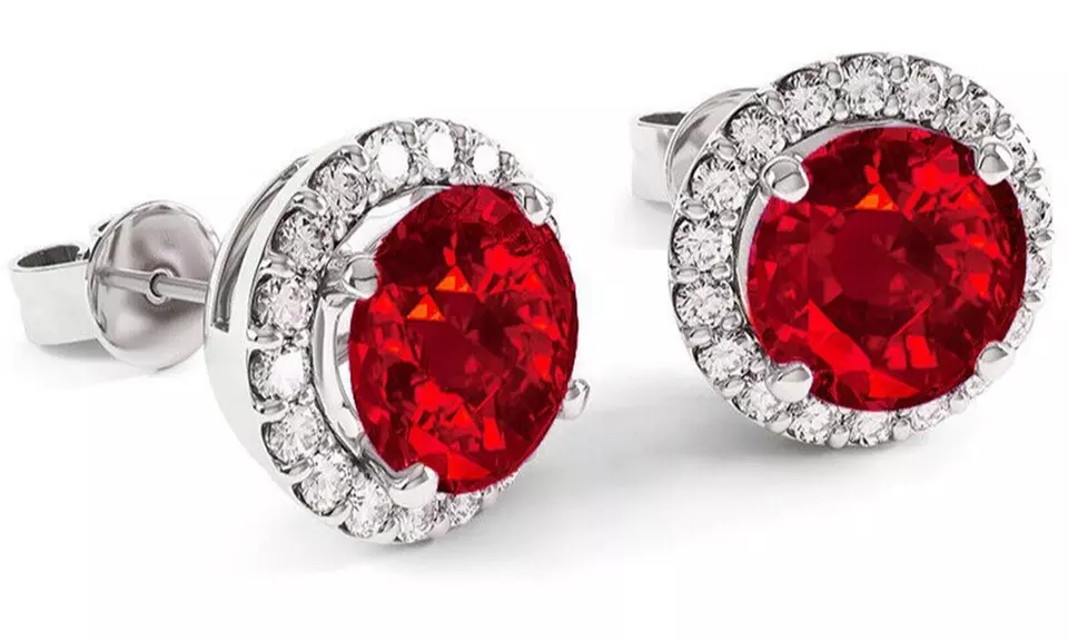 3.00 CTTW 925 Sterling Silver Ruby and White Halo Stud Earrings