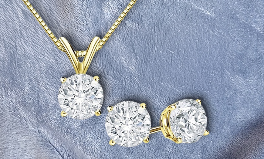 Image 1: 18k Gold Plated 1Ct Round White Sapphire 18 Inch Necklace and Earrings Set  
