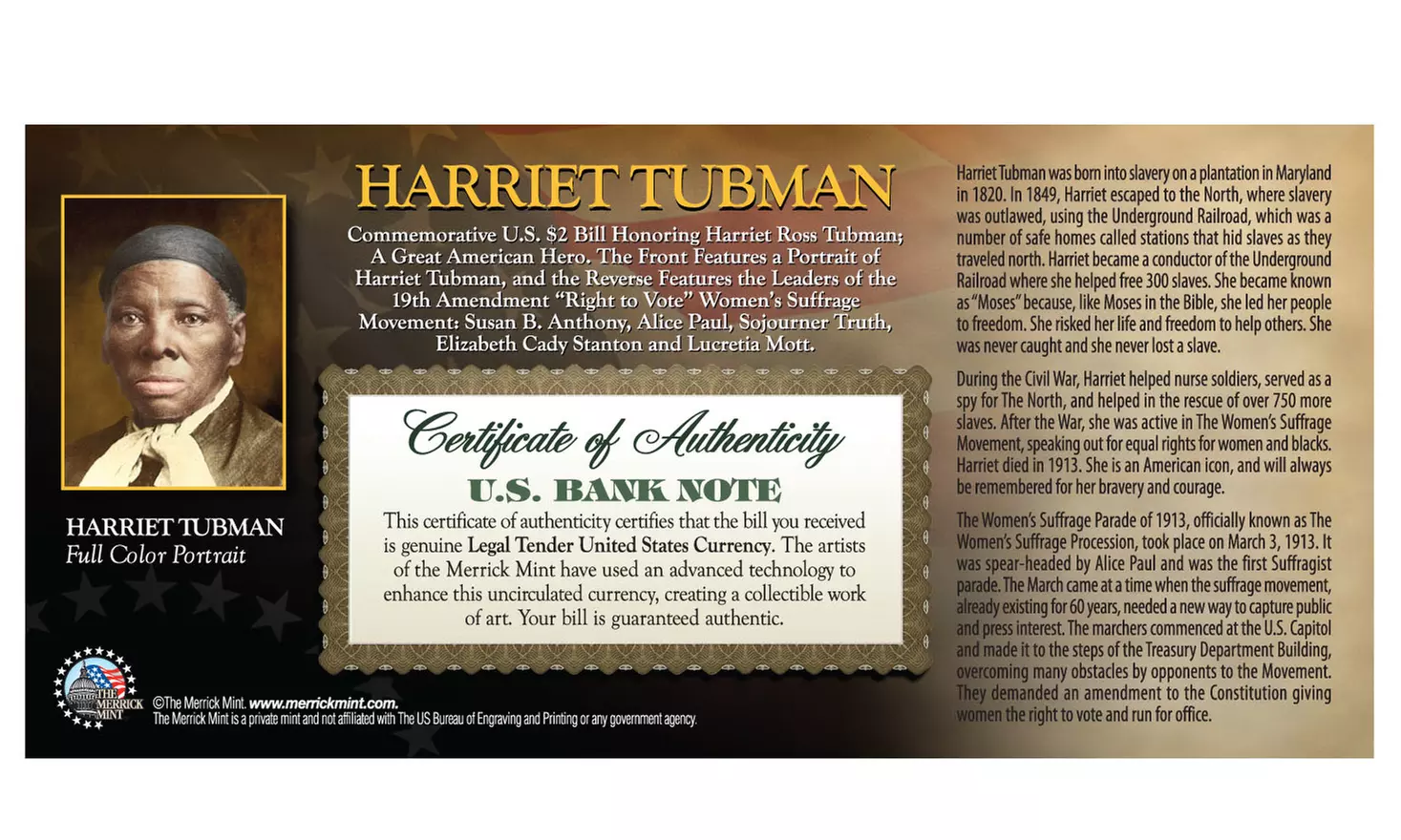 Harriet Tubman "Women's Suffrage" Genuine 2-Sided Colorized Two Dollar Bill