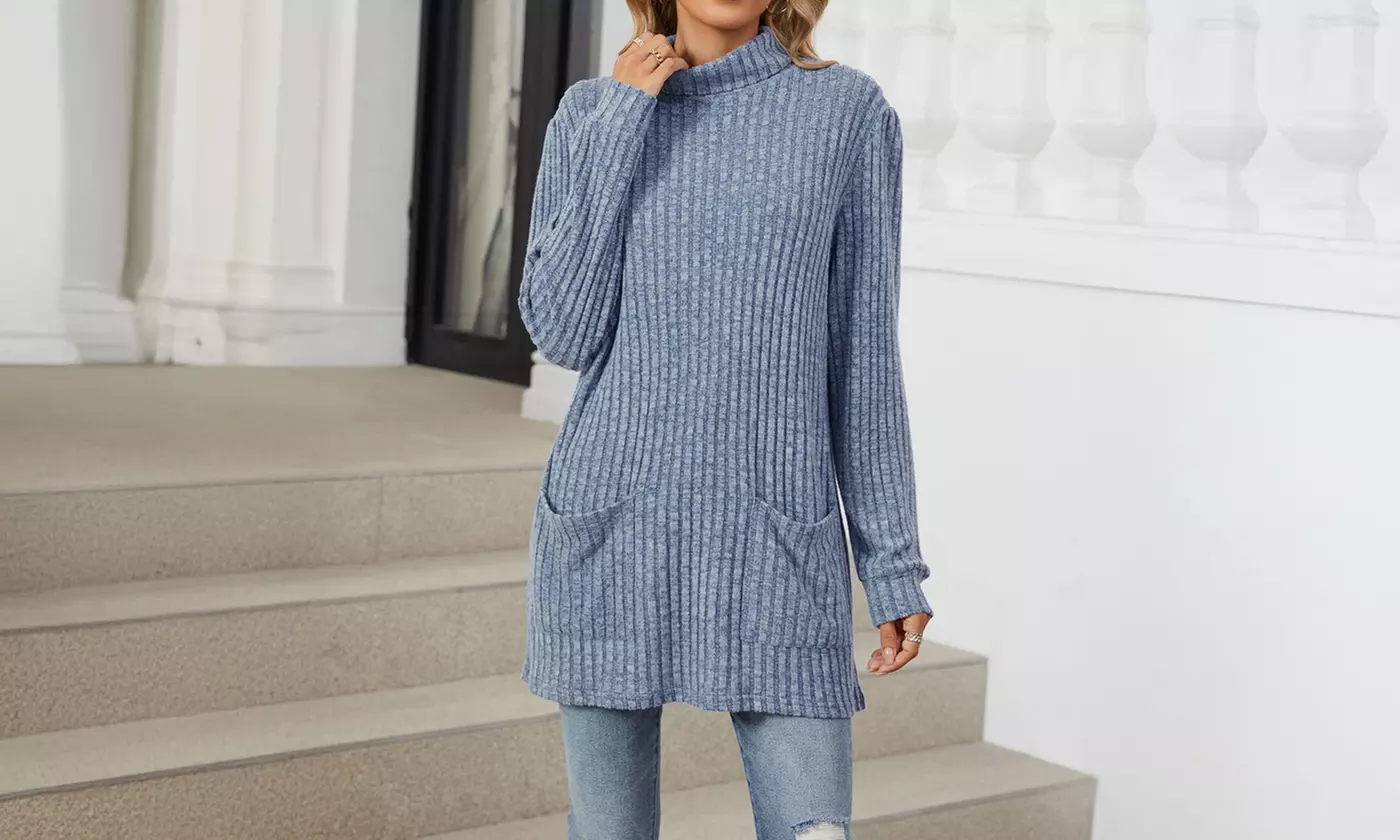 Womens Lightweight Turtleneck Long Sleeve Knit Tunic Top with Pockets