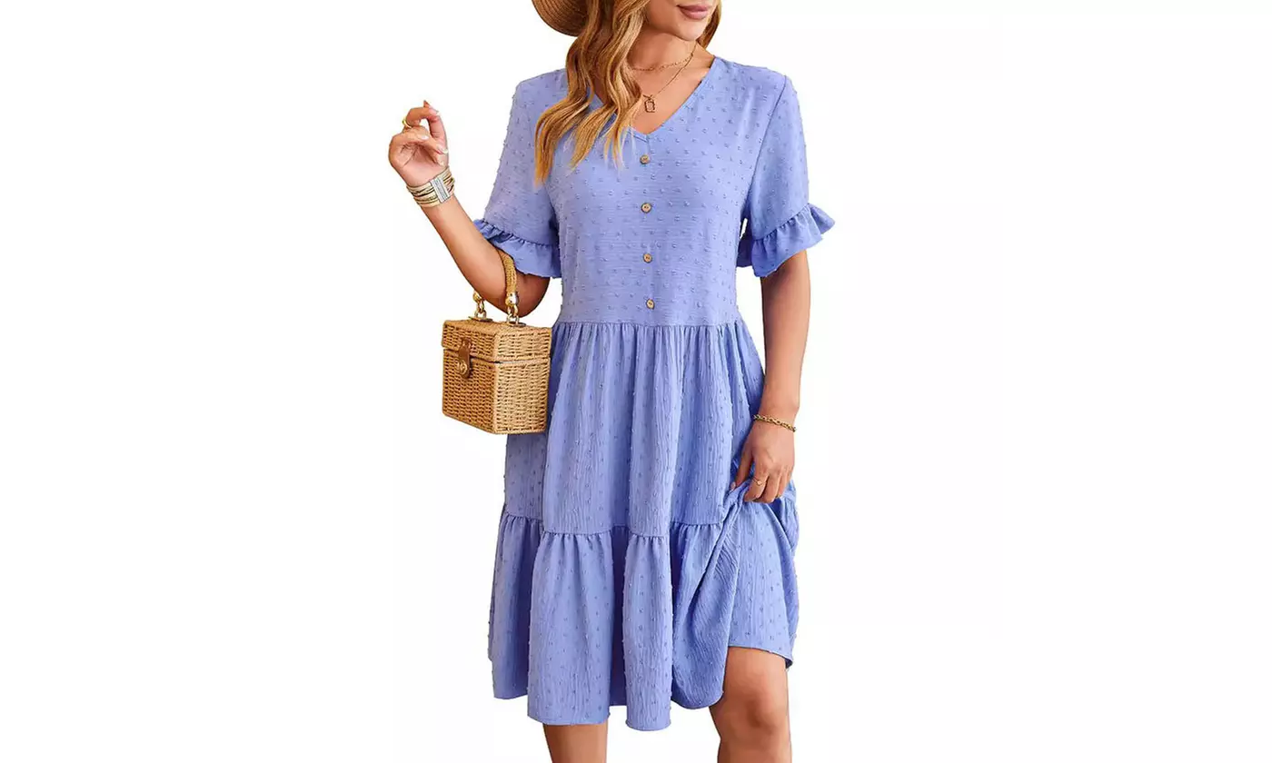 Womens V Neck Short Sleeve Swiss Dot Ruffle Hem Summer Dress