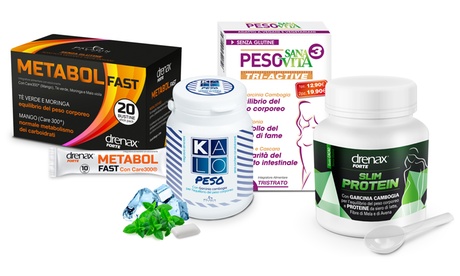 Fino a 12 confezioni di integratori Drenax per la perdita di peso, disponibili in 4 tipologie