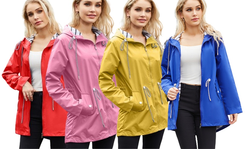 Image 1: Women's Hooded Drawstring Zipper Rain Coats