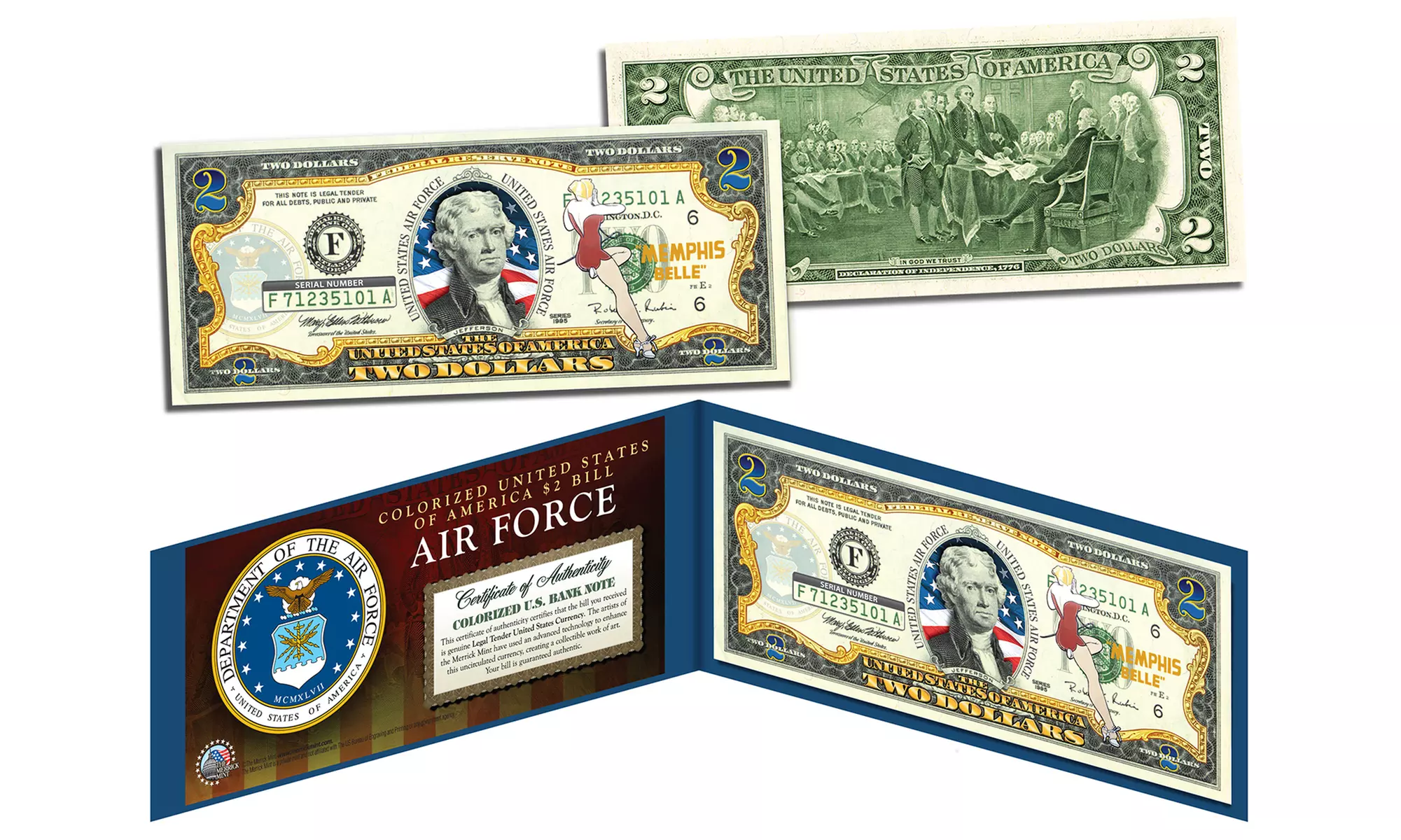 US AIR FORCE WWII Vintage Genuine Legal Tender Colorized U.S. 2 Dollar Bill - Primary Image